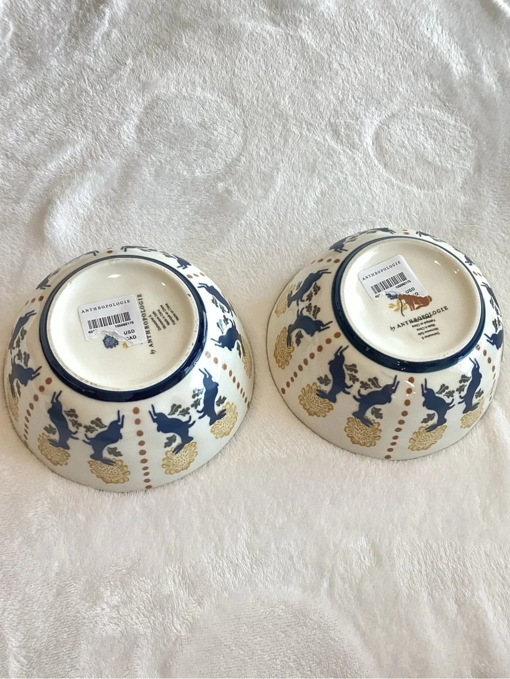 Anthropologie Bunny Stoneware Bowl Millie Yogurt New Rustic Blue Yellow Set of 4
